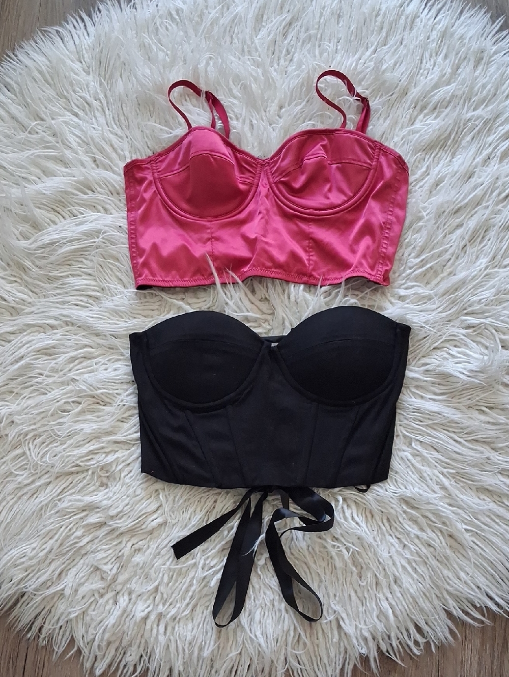 Pink and Black Bustier Tops - Satin & Stretch